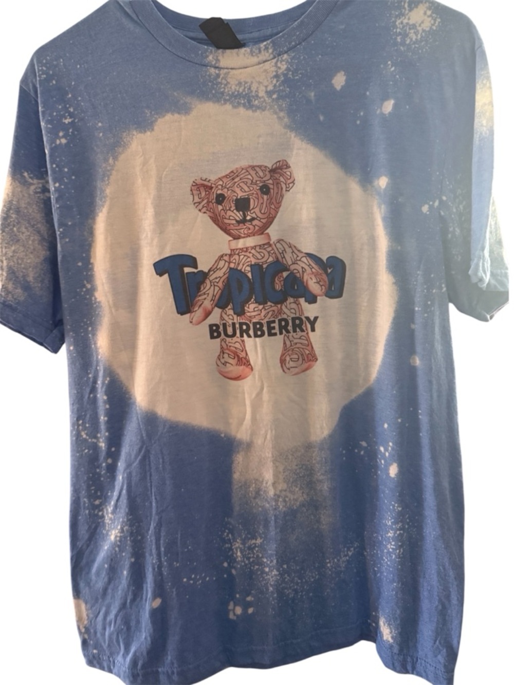 Gildan Blue & White Tie-Dye Tropicana Burberry bleached splatter teddy tee shirt